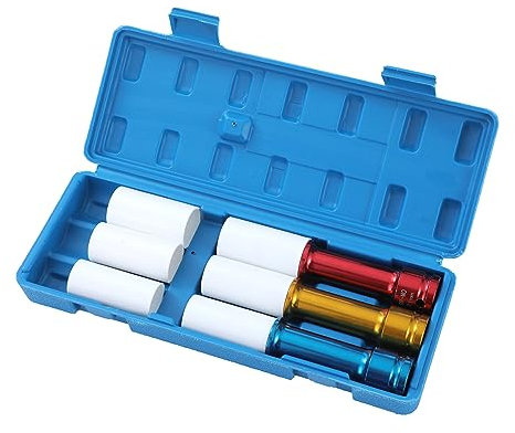 TOPWAY 1/2 Inch Drive Alloy Wheel Impact Extra Deep Socket Set 17mm 19mm 21mm Thin Wall Multicolour Metric Lug Nut Sockets with Extra 3 Plastic Sleeves, Chrome Moly Steel, with Storage Case