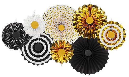 sourcing map Hanging Paper Fans Party Set 8Pcs Round Pattern Hanging Paper Fans Decoration for Home Shop Wall Birthday Wedding Graduation Events(White Black Gold)