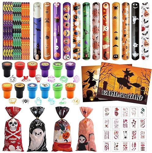 Halloween Mitgebsel Kinder, 80 Stück Halloween Party Mitgebsel, Halloween Party Spielzeug, Bleistifte/Geschenk Tüten/Slap Armbänder/Einladungskarten/Halloween Stempel/Temporäre Tattoos