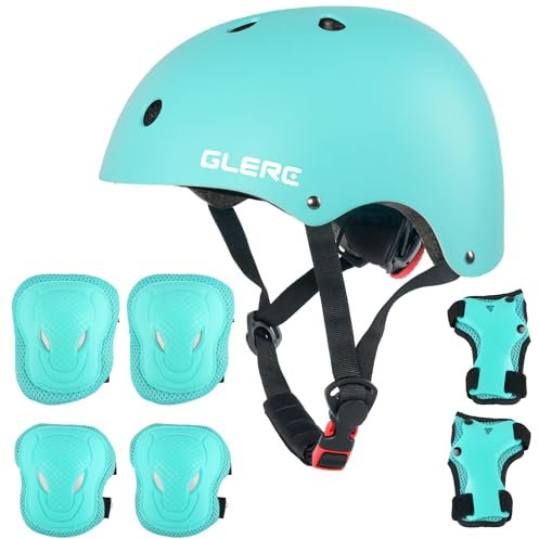 Glerc Bambini Casco di Protezione Set Ginocchio gomito protegge - Polsini per ragazzi e ragazze 3-8 anni Skateboard Roller Protection Set regolabile s Ciano