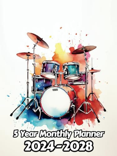 Watercolor Drums 5 Year Monthly Planner 2024-2028: Large 60 Month Calendar | Gift For People Who Love Music Instruments, Song Writing Lovers | For ... Office, Work | 8.5 x 11 Inches | 121 Pages