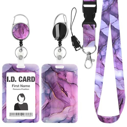 Amabro Marmor Ausweishalter Lanyard Set, Marmor Druck Ausweishalter, Kunststoff Ausweishalter einziehbarer Ausweishalter mit abreißbarem Schlüsselband vertikaler Kartenschutz (Lila)