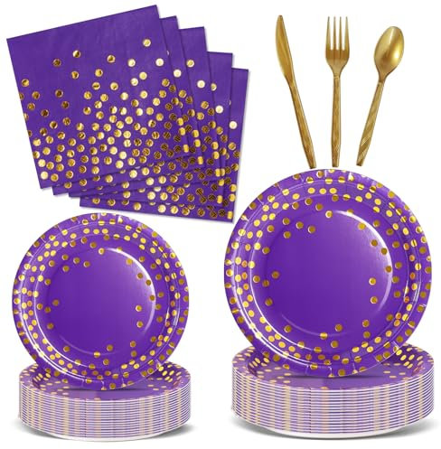 Nkaiso 144 Piezas Morado y oro Vajilla Fiesta Cumpleaños, Platos y Vaso Cumpleaños Infantil, Juego de vajilla para Fiestas Platos Vasos Servilletas reutilizable Cubiertos -24 Invitado
