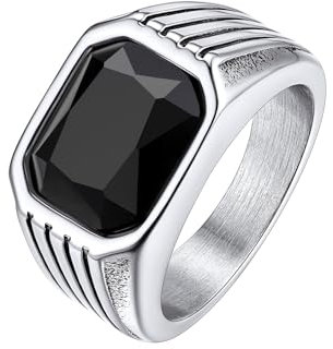 Bestyle Herren Bandring Schwarzer Onyx Edelstahlbandring Synthetischer Edelstein Fingerring Biker Ring für Männer, Daumen Pinky Ring Mens Fashion Ring Schmuck Größe 67, Silber