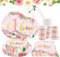 GOTFUN 1st Birthday Decorations Girl Plates Set for 24 Guests, 144 Pcs Pink Flowers Party Tableware Set, Table Decoration Supplies Includes Plates Napkins Forks Cups Dessert Plates Straws