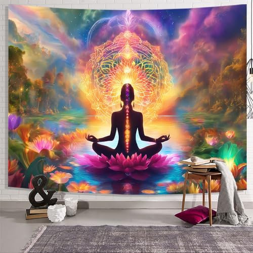 NTERC Yoga-Meditations-Wandteppich, Hippie-Gott, Buddha, Chakra, Tapisserie, violett, Lotus, psychedelisch, spirituelle Landschaft, Raum, hängende Wanddekoration, große Größe 274 cm, für Wohnzimmer,
