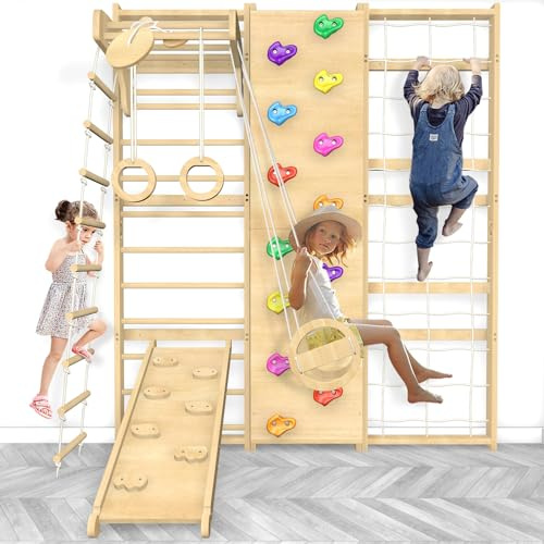 Upgraded Extra-Large Size 94.5inch Height 10-in-1 Swedish Ladder Gym Set, Home Playground with Swing, Rope Ladder, Pull-Up Bar, Slide and Rock Climbing Wall for Kids and Adults