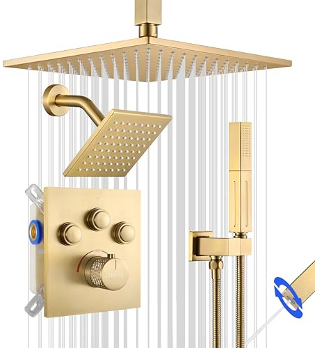 SHOYELA Thermostatic Shower System Brushed Gold, Push Button Diverter Shower Faucet with 2 in 1 Handheld, Ceiling Mount 12 Inch Shower Head with 6 Inch Wall Mount Shower Head