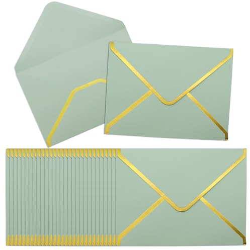 szkoo 100 Stücke 5x7 Einladungumschläge, Hellgrün A7 Umschläge 18.5x13.5cm Miniatur Kuverts Umschläge mit V-Klappe Briefumschläge Goldfolienrand für Hochzeiten, Einladungen & Party