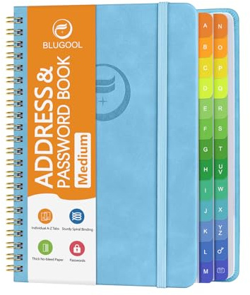 Address Book with Alphabetical Tabs-Address and Password Book for Seniors - Hardcover Spiral Bound Phone Book- Record Contacts,Website Login Passwords, Special Days -5.7 x 7.7, Blue