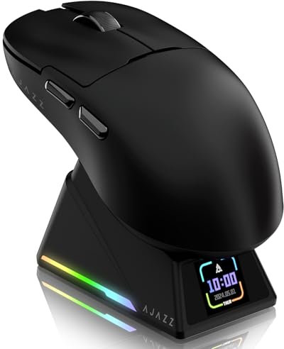 ATTACK SHARK Ajazz AJ159APEX PAW3950 Gaming-Maus, 42000 DPI, 8000Hz Kabellose Abfragerate, RGB-Magnetladestation mit Farbdisplay, 56g Superlight, 2,4G/BT/Kabelgebundene Gaming-Mouse, PC/Mac, Schwarz