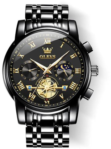 OLEVS Black Watches for Men Casual Fashion Big Face Man Watch Luxury Analog Quartz Men's Wrist Watch Elegant Waterpoof Stainless Steel Multifunction Chronograph Moon Phase Mens Watches