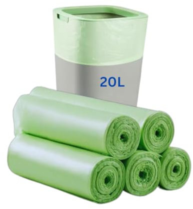 Set of 5 Food Waste Bags – Compostable and Biodegradable 20L Food Waste Bin Liners, Recycling Bags for Caddy Bin, Garbage Bags for Kitchen, Bathroom, Home, Office, and Pets – 20 Counts per Roll, Green