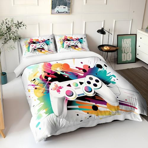 Aquarell-Controller Drucken Bettwäsche Set 240 × 220 cm, Bunt Bettbezug Set 3 Teilig, 1 Weiche Deluxe Mikrofaser Weiche Bettbezug mit Verdeckter Reißverschluss und 2 Kissenbezüge