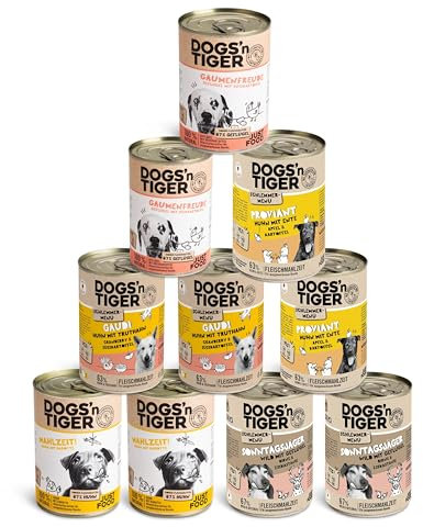 Dogs’n Tiger Adult Hundefutter, Nassfutter, ohne Zuckerzusatz, Weizen & künstliche Konservierungsstoffe, optimale Verträglichkeit, Mixpaket Geflügel Liebe, Truthahn, Wild, Huhn & Ente, 10x 400g