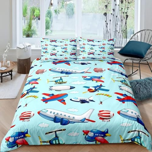 Loussiesd Kinder Luftfahrzeuge Bettwäsche Jungen Flugzeug Drucken Bettwäsche Set 135x200cm Hubschrauber Fliegendes Flugzeug Bettbezug Set Reisen Dekor Betten Set Cute Bunt
