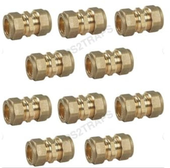 Pack of 10, 15mm Brass Compression Couplers, WRAS Approved Couplings