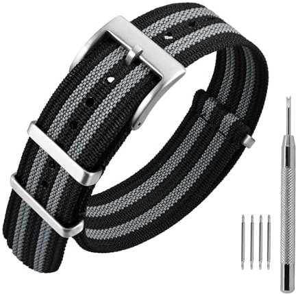 ANNEFIT Nylon Uhrenarmbänder 20mm mit Edelstahl Metall Schließe, Sport Atmungsaktive Ersatzarmband (Schwarz/Grau)