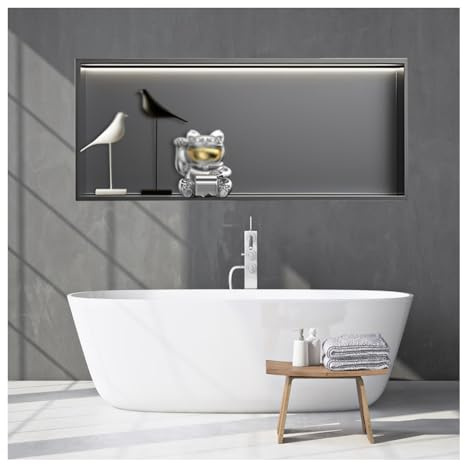 GLFNB Nicchia da Parete per Doccia in Acciaio Inox con Luce a LED, Nessuna piastrella necessaria, mensola da Incasso per Doccia, nicchia da Parete per Bagno (Grigio, 60x32x12,5 cm)