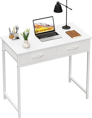 WOHOMO Piccola scrivania per computer con cassetti, scrivania bianca da 80 cm con contenitore, scrivanie per computer per casa e ufficio per piccoli spazi, tavolo da studio moderno, bianco