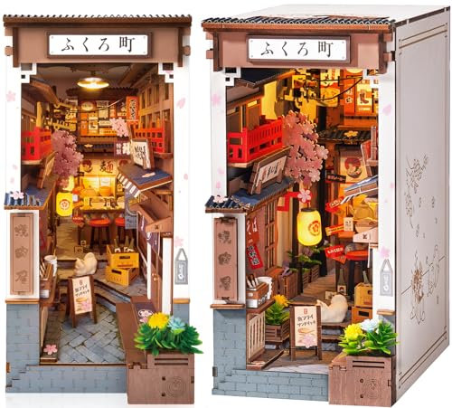 ROBOTIME Book Nook Maison Miniature à Construire avec Lampe, Booknook DIY Miniature House Diorama Décoration de Bibliothèque Cadeau de Vacances (Sakura Wine Alley)