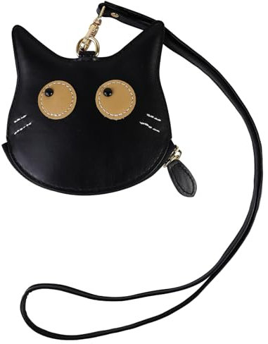 Andiker Porte-monnaie mignon en forme de chat, petit portefeuille avec fermeture éclair, léger et portable en cuir PU souple pour femme, avec cordon de cou de 40 cm