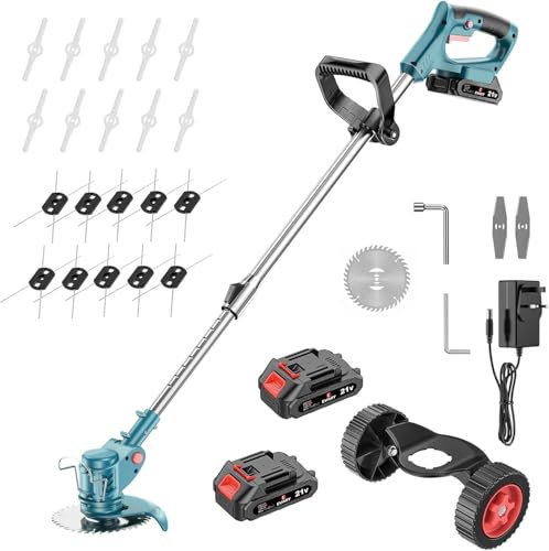 EVARY Grass Strimmer Cordless with 2 PCS 3.0Ah Battery and Charger Lightweight Garden Trimmers with 2 Removable Wheels 10 Steel Wire Replacement Spools, 10 Plastic Blades, 2 Metal Blades,lawn mower