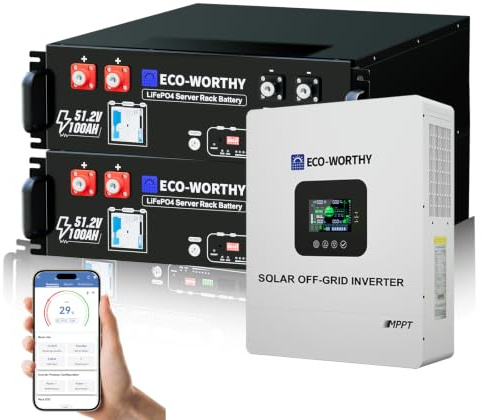 ECO-WORTHY 10.24kWh 2PACK 48V 100Ah LiFePO4 Bluetooth und 5000W Hybrid Inverter,Serverschrank Batterie für Solaranlage Komplettset