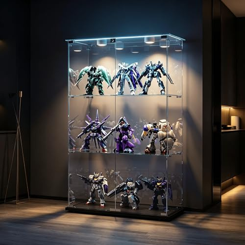 HYNHXBP Vitrine en Verre à 2 Portes avec LED, Armoire de Présentation Moderne avec Serrure, Étagères de Rangement, Meuble Vitrine pour Salon, Chambre ou Bureau (Noir, 2 Portes，3 étages)
