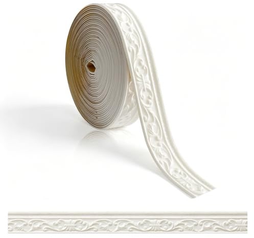NCOALE Bordüre Selbstklebend Weiß, 10m x 8cm x 5mm Tapetenbordüre 3D Deckenleisten Selbstklebend Schneidbar Stuckleisten Wand für Flure, Decken, Ecken, Heimdekoration