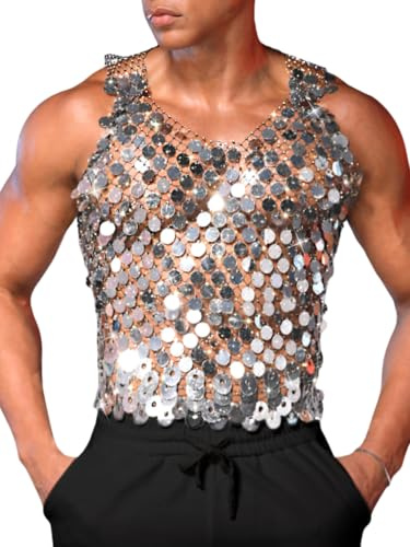 ChiaoLezhee Men's Big Sequin & Rhinestone Mesh Shirt for Rave, Sparkly Reflective Metallic Sexy Tank Top,Club Party Festival Outfits Summer Going Out Fishnet Glitter Sheer Sleeveless,Silver