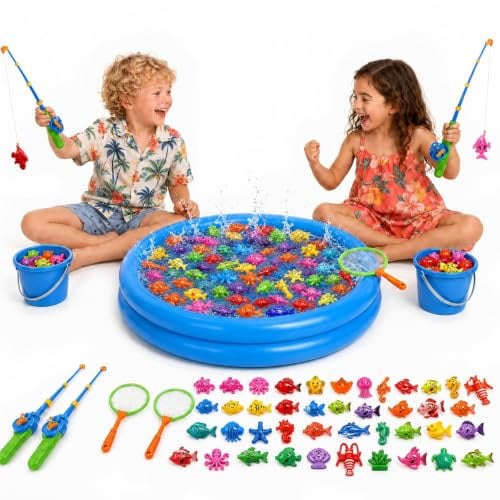 XXL Juego de Pesca Magnético 59 Pcs con Piscina Hinchable - Juguete de Playa, Camping y Exterior para Niños 3-5 Años - Set de Vacaciones con 2 Cañas, 2 Redes, 2 Cubos & Bolsa de Transporte