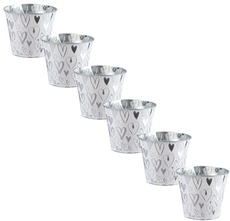 4er/6er Set - Deko-Zinktopf Set mit Herz-Motiv - Hochwertige Übertöpfe in Silber/Weiß - Vintage Pflanzkübel für Innen & Außen (Silber/Weiß, 6 Stück - ⌀ 11,5 cm Höhe: 10 cm)