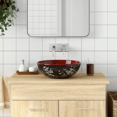 Aufsatzwaschbecken Schwarz und Rot Rund Ø41x14 cm Keramik Waschbecken für Badezimmerwaschbecken mit robustem Material und exquisitem Muster