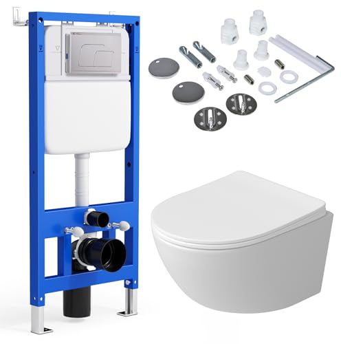 Rainsworth WC komplettset mit Vorwandelement, 48,5cm lang toilette, Weiß | Inklusive Vorwandelement,Unterputz Spülkasten,Chrom Betätigungsplatte,WC-Sitz mit Absenkautomatik, Leicht Zu Reinigen