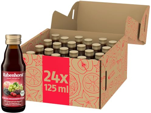 RABENHORST Für die Regeneration Mini (24 x 125 ml) | Bio-Mehrfruchtsaft mit Vitamin C zur Verringerung von Müdigkeit und Ermüdung im praktischen Mini-Format