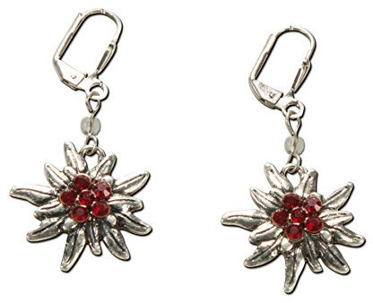 Alpenflüstern Trachten-Ohrhänger Strass-Edelweiß - Damen-Trachtenschmuck, Trachten-Ohrringe antik-silber-farben mit Strass-Steinen (rot) DOR008