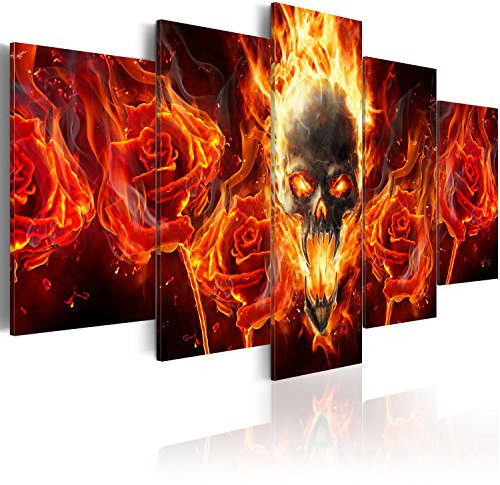 B&D XXL - Wandbilder XXL Totenkopf 200x100cm 5 tlg - Wand Deko Leinwand Bilder Groß Wanddeko Wohnzimmer Schlafzimmer Kunstdrucke - Blumen Rose Rauch Flamme Feuer Abstrakt
