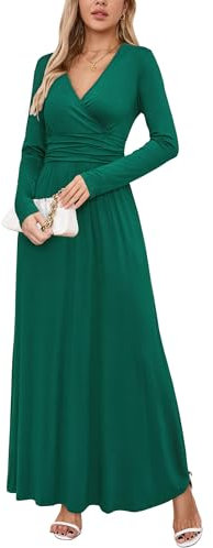 OUGES Women's Winter V Neck Long Sleeve Ladies Green Christmas Maxi Dress with Pockets(Green,M)