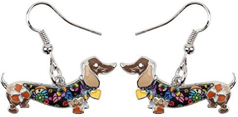 NEWEI Emaille Dackel Geschenke Cute Dackel Hund Ohrringe Dangle Tier Schmuck Für Damen Mädchen Hundebesitzer Charms (Braun)