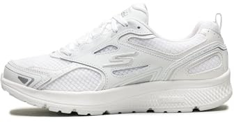 Skechers 128075 Femme Baskets, Blanc (White Leather/Synthetic/Silver Textile WSL), 38.5 EU