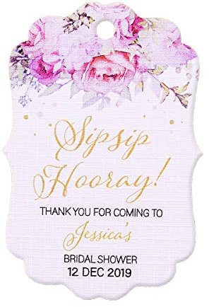 Summer-Ray 50pcs Personalised Sip Sip Hooray Champagne Mini Wine Bottle Wedding Bridal Shower Tags (White Linen)