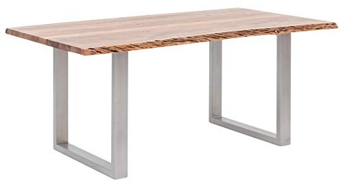 Woodkings Esstisch Bullwer Holz Akazie, Metallfuß, Baumtisch, Baumkantentisch, Echtholz modern, Design, Massivholz, Küchentisch, Esszimmermöbel, Wohnmöbel (140 x 90 cm, silberfarben)