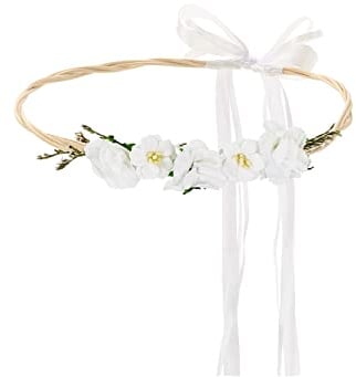 PartyDeco Blumenkranz Haare mit Kunstblumen und Zweigen Durchmesser 18cm weiß - Blumen Haarschmuck für Frauen und Mädchen zur Hochzeit Fotoshooting Festival Boho