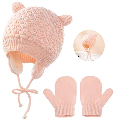 Zoonvii Baby Mütze Beanie Strickmütze,Baby Gestrickte Warme Wintermütze Handschuhe Set,Hüte Herbstmütze mit Ohrenklappen,Baby Winter Hat,Unifarbe Wintermütze,Unisex Babymütze,für Kinder 1-4 Jahre