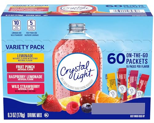 Crystal Light On the Go, 60 Ct. - Confezione assortita (Limonata, Punch alla frutta, Limonata ai lamponi, Fragola selvatica) 178g