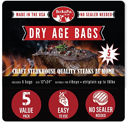 DryAgePro® Dry Age Bags for Meat, 12x24 Bags for Ribeye & Striploin, 5Pk | Dry Aging Bags for Ribeye & Striploin up to 18 lbs, No Vacuum Sealer Needed, Cost & Beginner-Friendly Steak Aging Kit at Home