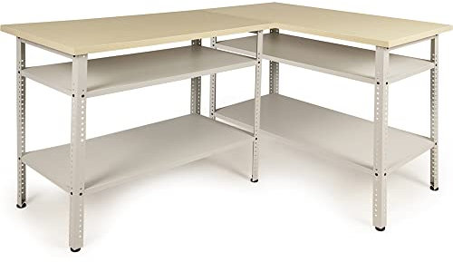 Ondis24 Ecklösung Werkbank Nobbi Pro Packtisch aus Metall, mit Arbeitsplatte, höhenverstellbare Einlegeböden, Justierfüße, Werktisch für Sparfüchse lichtgrau (95cm)