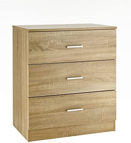 Baroni Home Kommode 3 Schubladen aus Melamin, Schrank für Schlafzimmer oder Wohnzimmer, moderner Schrank aus Eiche 60x40x70 cm
