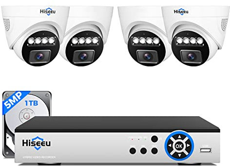 Hiseeu 8 Channel Wired CCTV Camera Security Systems, 4x 5MP Dome Security Cameras,2K Lite H.265+ DVR with 1TB Hard Drive,Color Night Vision, Motion Detection, Remote Access